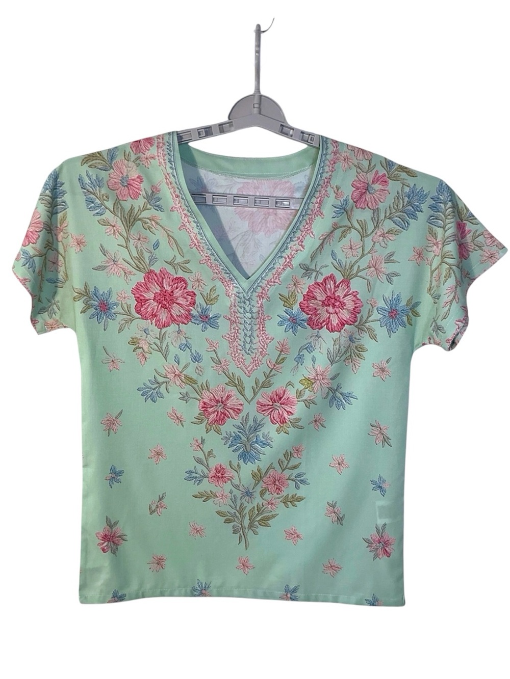 Boho Print Pullover Top short Sleeve V Neck Light Green Floral Women Small